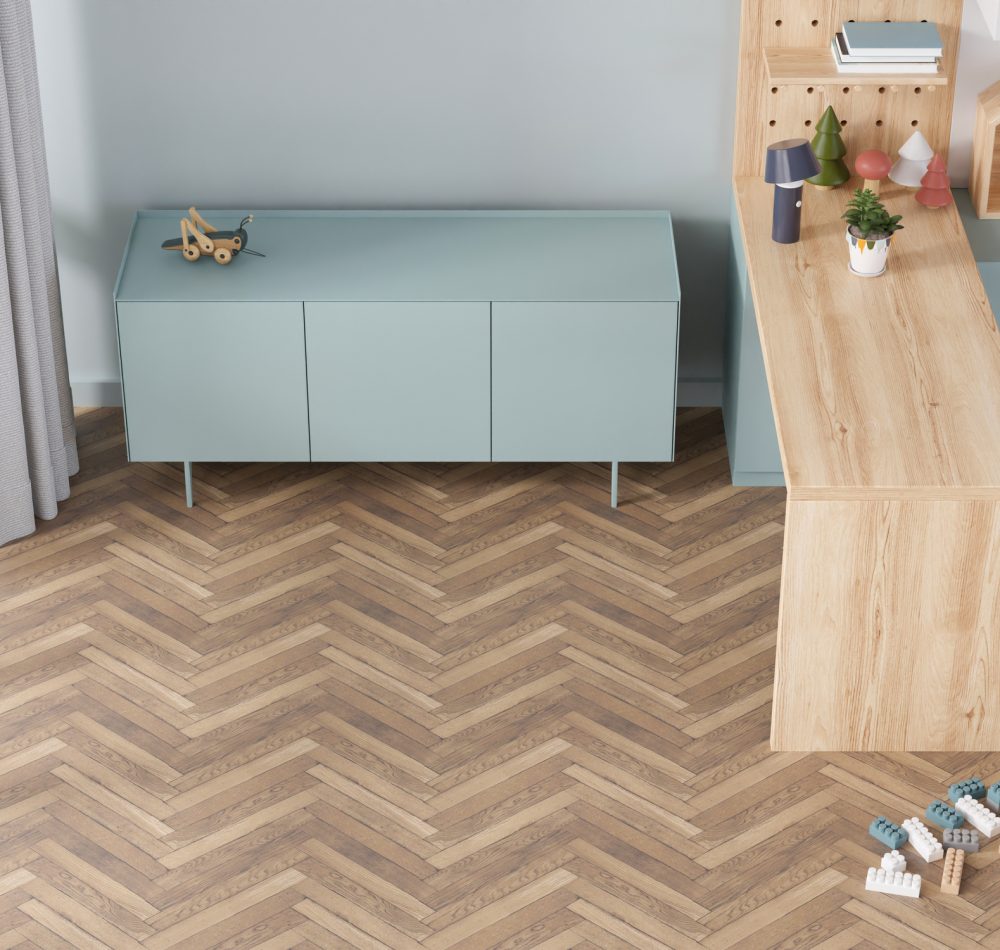 Room mock up for carpet. Children's room interior in scandinavian, contemporary style. Top view. Empty, copy space on parquet floor for your carpet or rug design. Modern template. 3D rendering